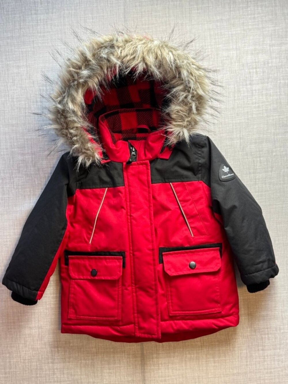 Canadiana Winter Coat 3T Red Black Jacket Lined Removable Faux Fur Hood